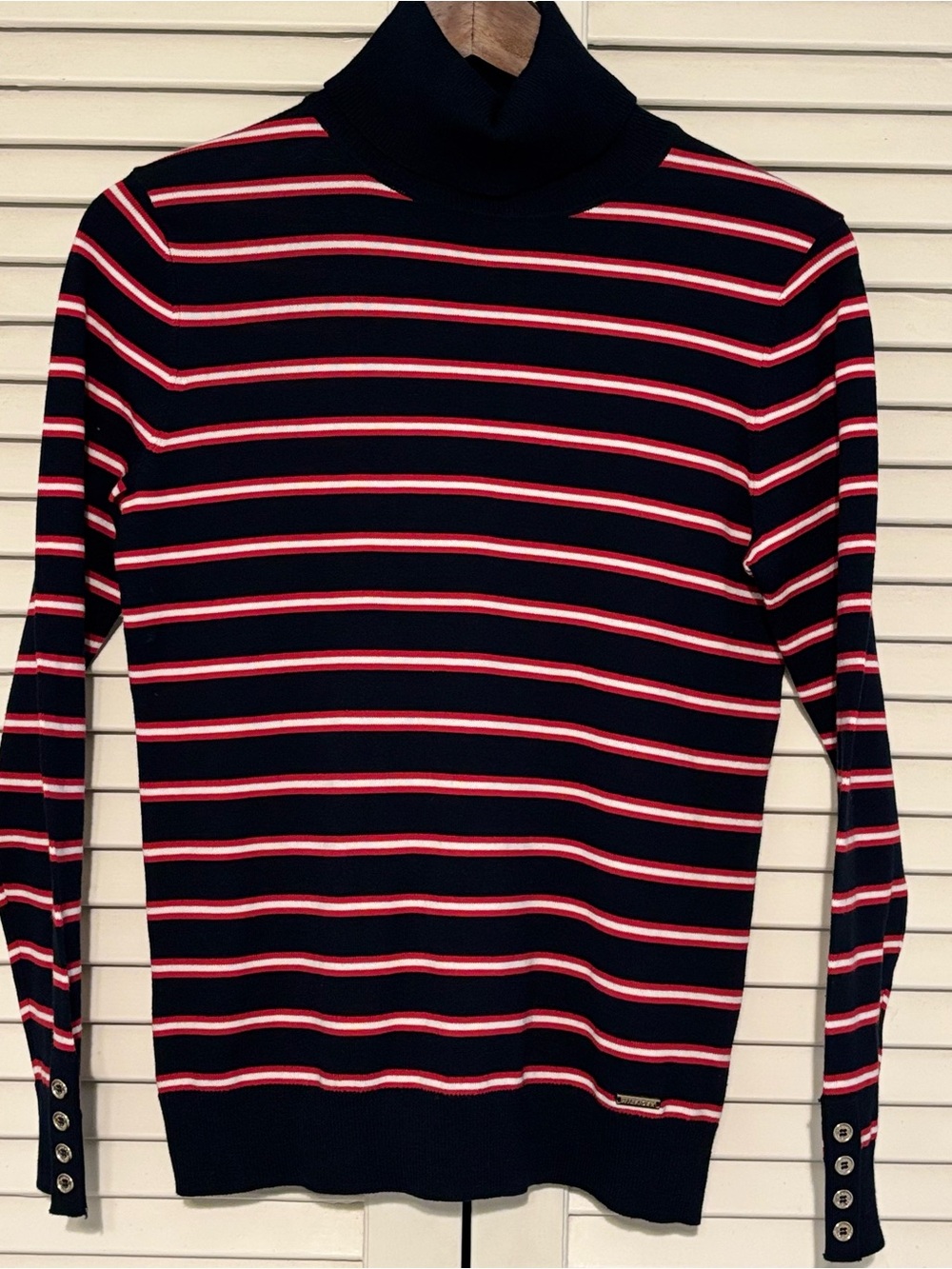 Tommy Hilfiger Navy Turtleneck Sweater with Red & White Stripes